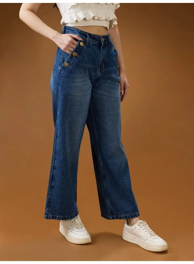 globus Globus Women Mid Blue Cotton Whiskers Effect Mid-Rise Wide Leg Denim Jeans